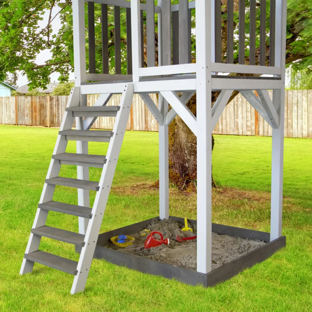 Beach Tower play tower with climbing frame and double swing - blue slide