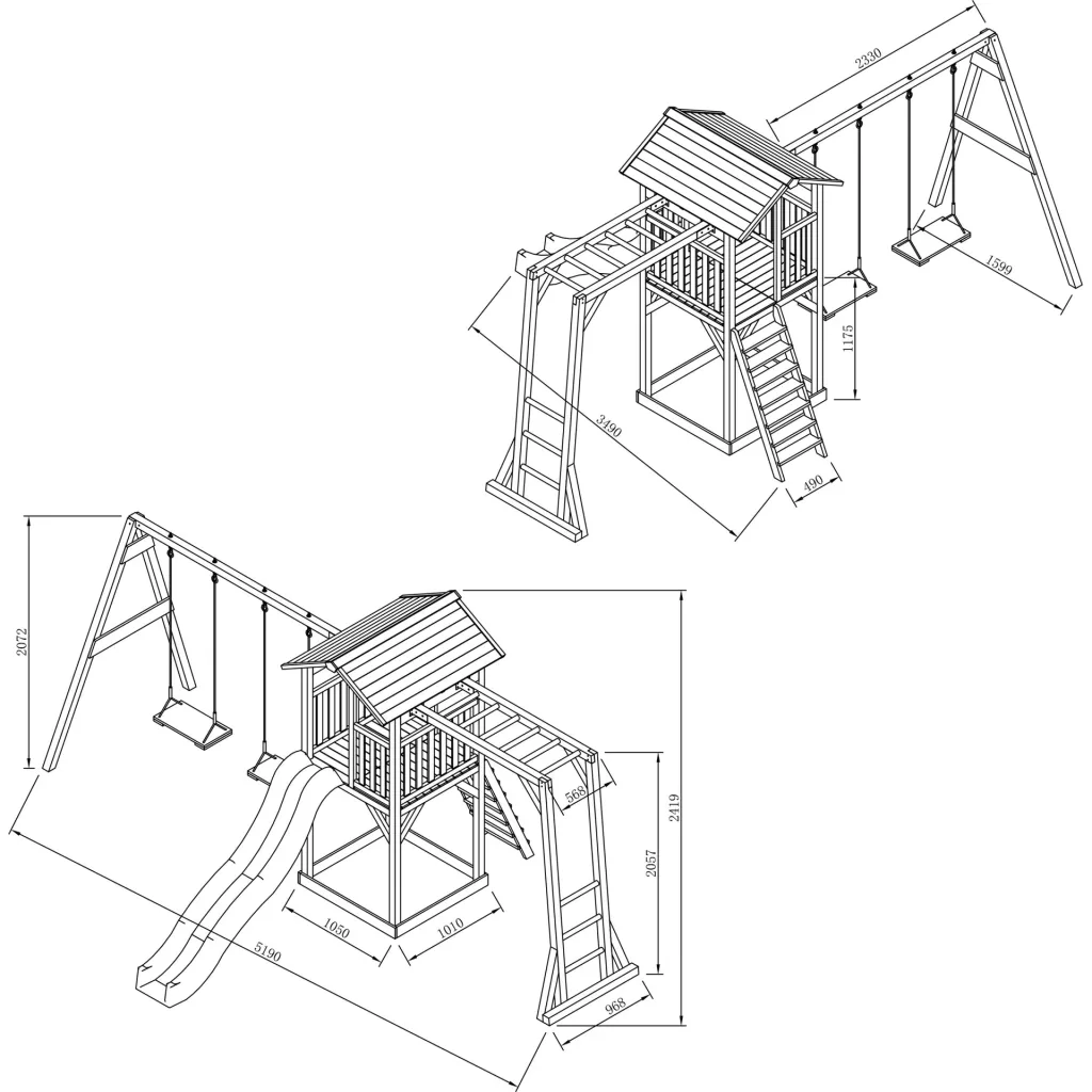 Beach Tower play tower with climbing frame and double swing - blue slide