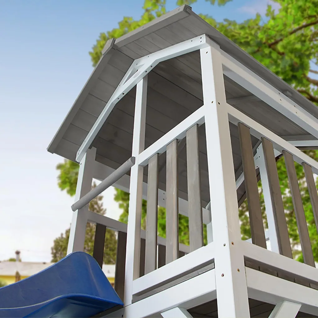 Beach Tower play tower with climbing frame and double swing - blue slide