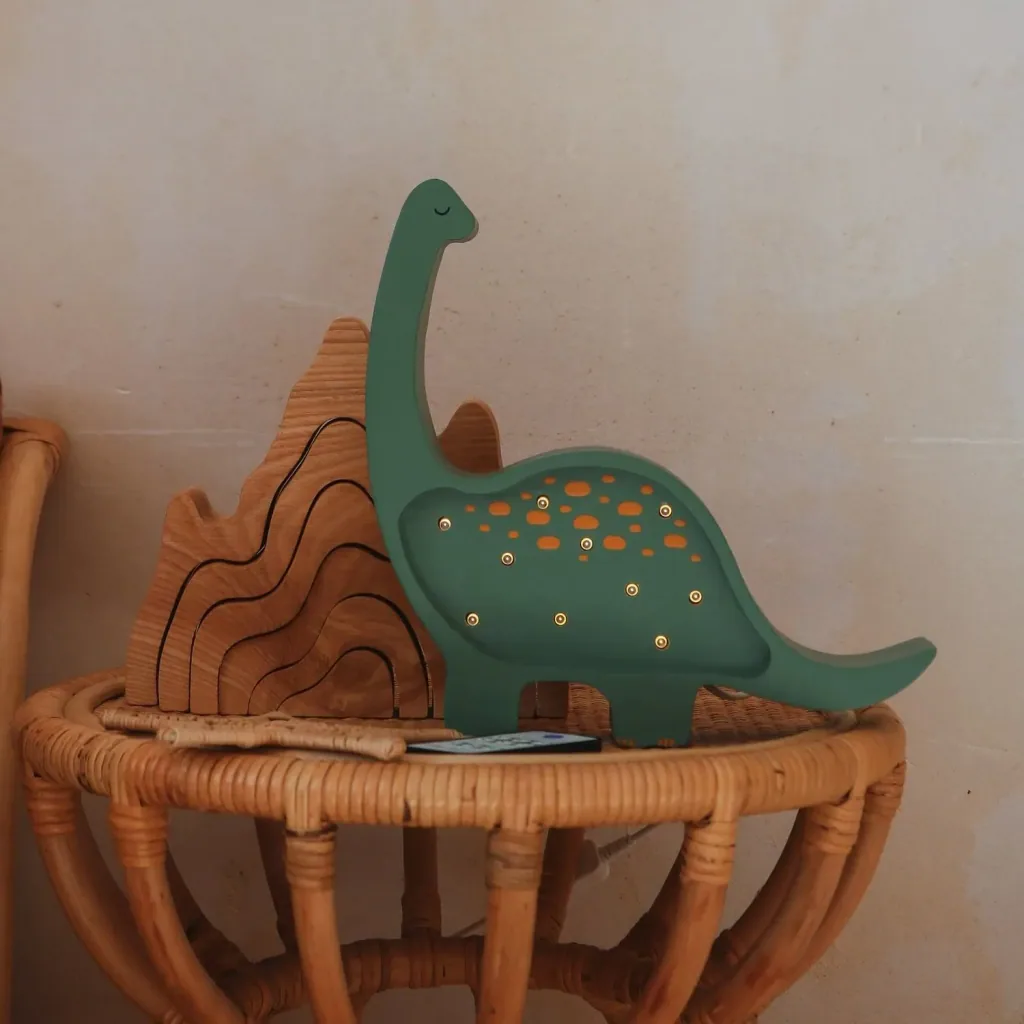 Little Lights Nachtlampje voor kinderen, mini-dinosaurus nachtlampje - 100% naturel grenen, kleur: militair groen
