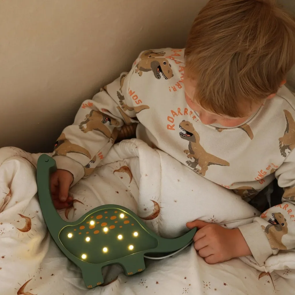 Little Lights Nachtlampje voor kinderen, mini-dinosaurus nachtlampje - 100% naturel grenen, kleur: militair groen