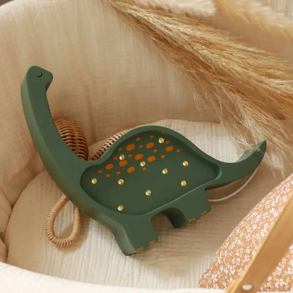 Little Lights Nachtlampje voor kinderen, mini-dinosaurus nachtlampje - 100% naturel grenen, kleur: militair groen