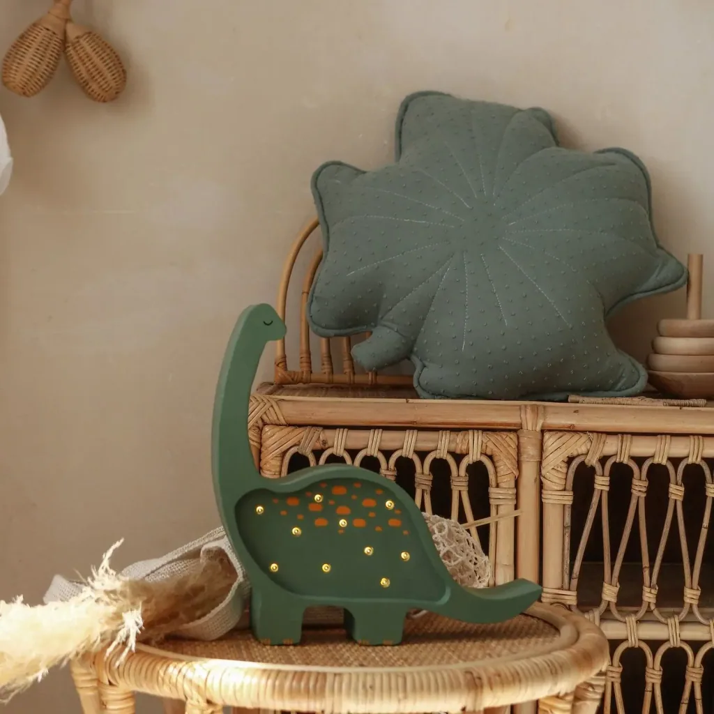 Little Lights Nachtlampje voor kinderen, mini-dinosaurus nachtlampje - 100% naturel grenen, kleur: militair groen
