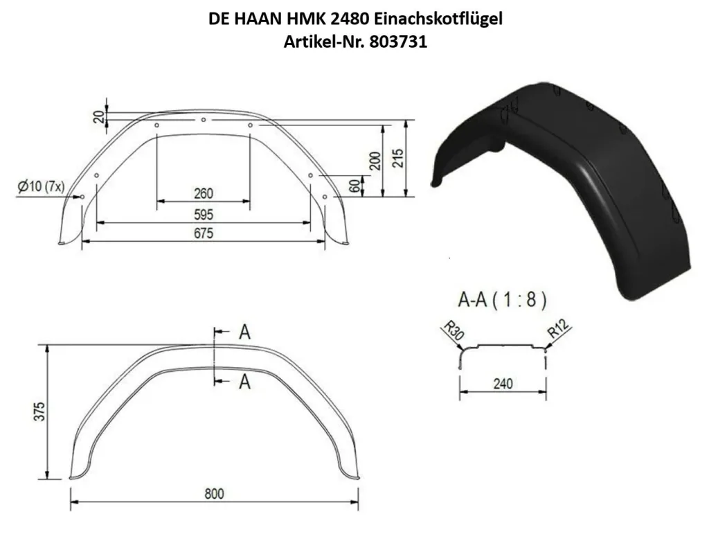 DE HAAN HMK 2480 single-axle mudguard, span 800 mm
