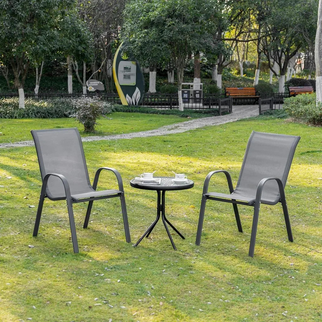 Set of 2 garden chairs, stackable chairs with armrests, dining chairs, garden, metal mesh fabric, grey, 70 x 54 x 90 cm