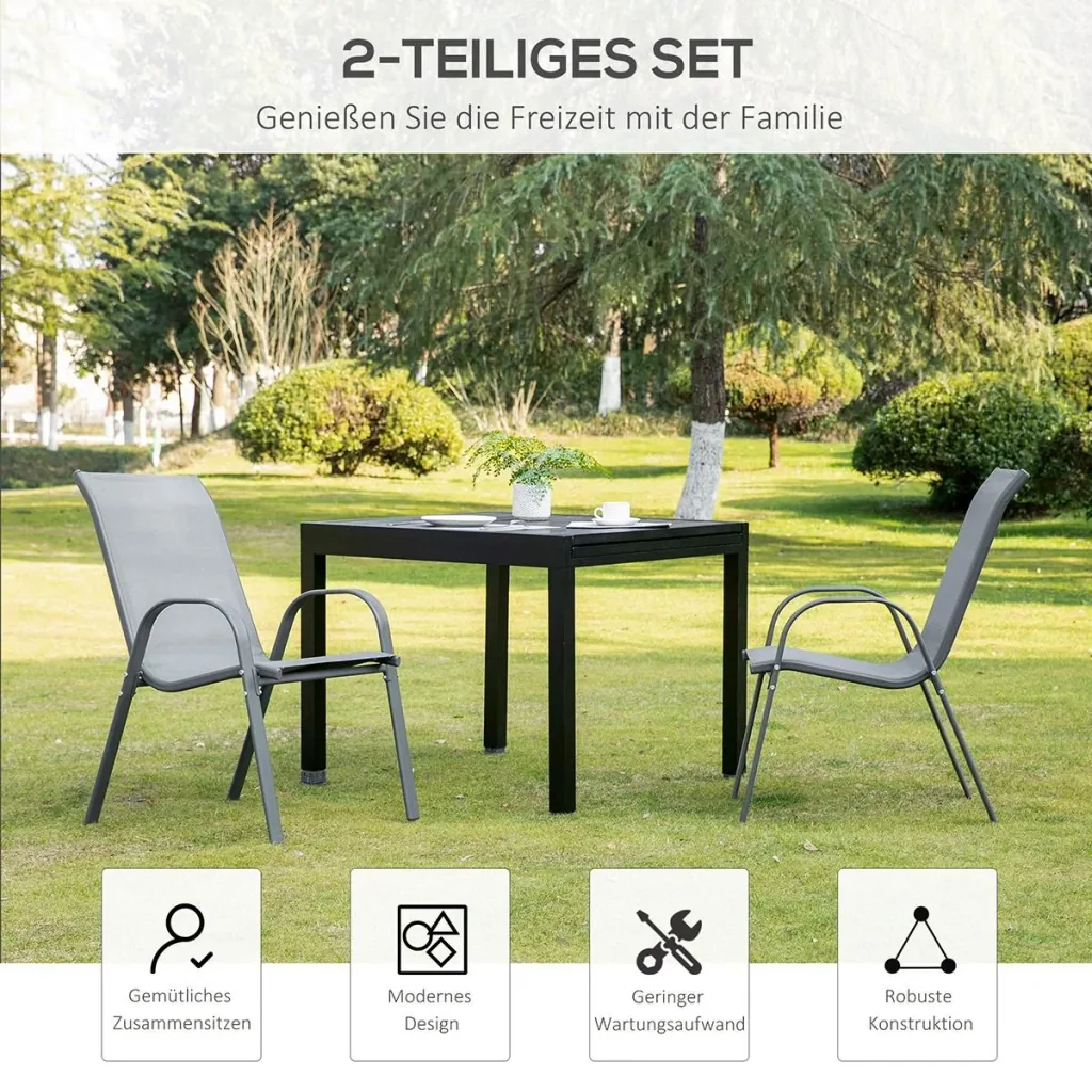 Set of 2 garden chairs, stackable chairs with armrests, dining chairs, garden, metal mesh fabric, grey, 70 x 54 x 90 cm