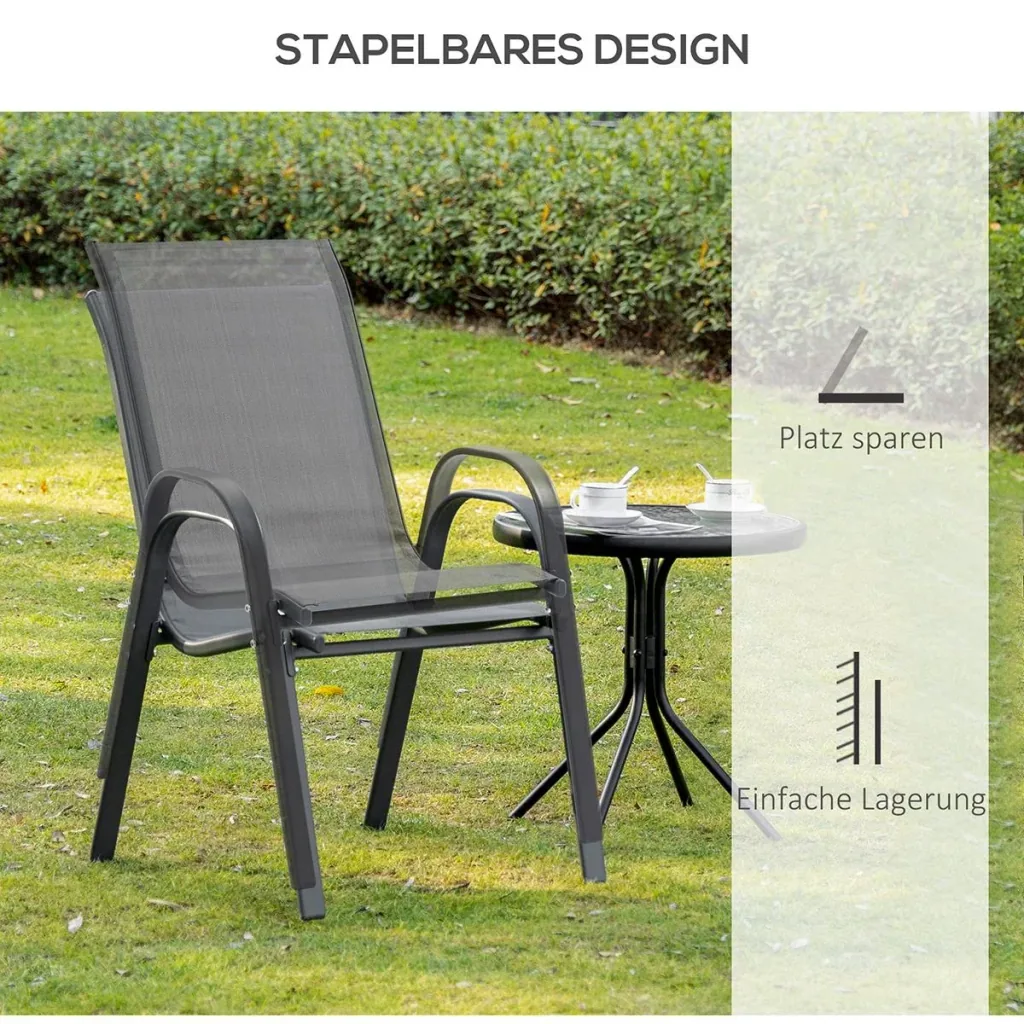 Set of 2 garden chairs, stackable chairs with armrests, dining chairs, garden, metal mesh fabric, grey, 70 x 54 x 90 cm