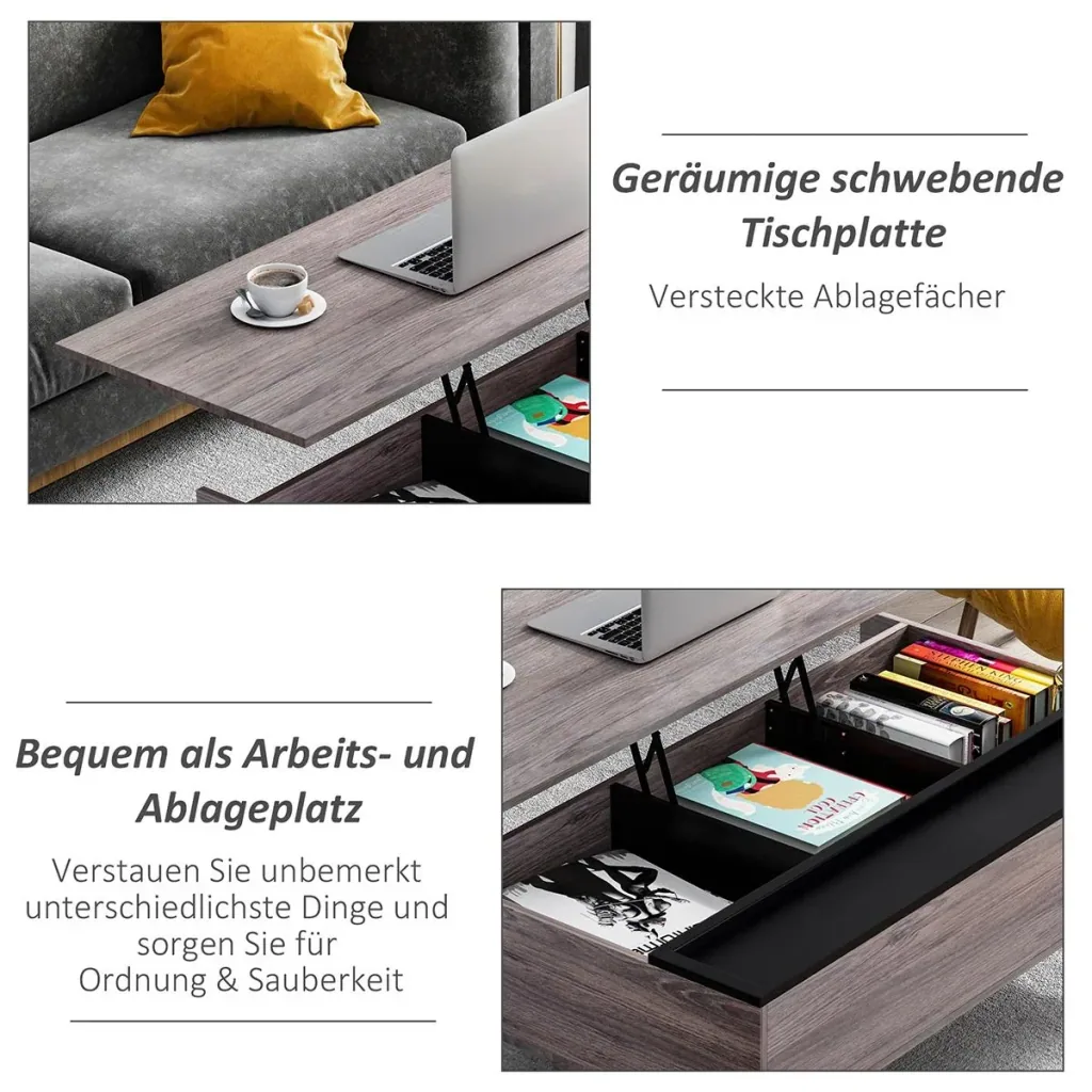Coffee table living room table coffee table with height-adjustable top sofa table chipboard grey 110 x 66 x 43-56 cm