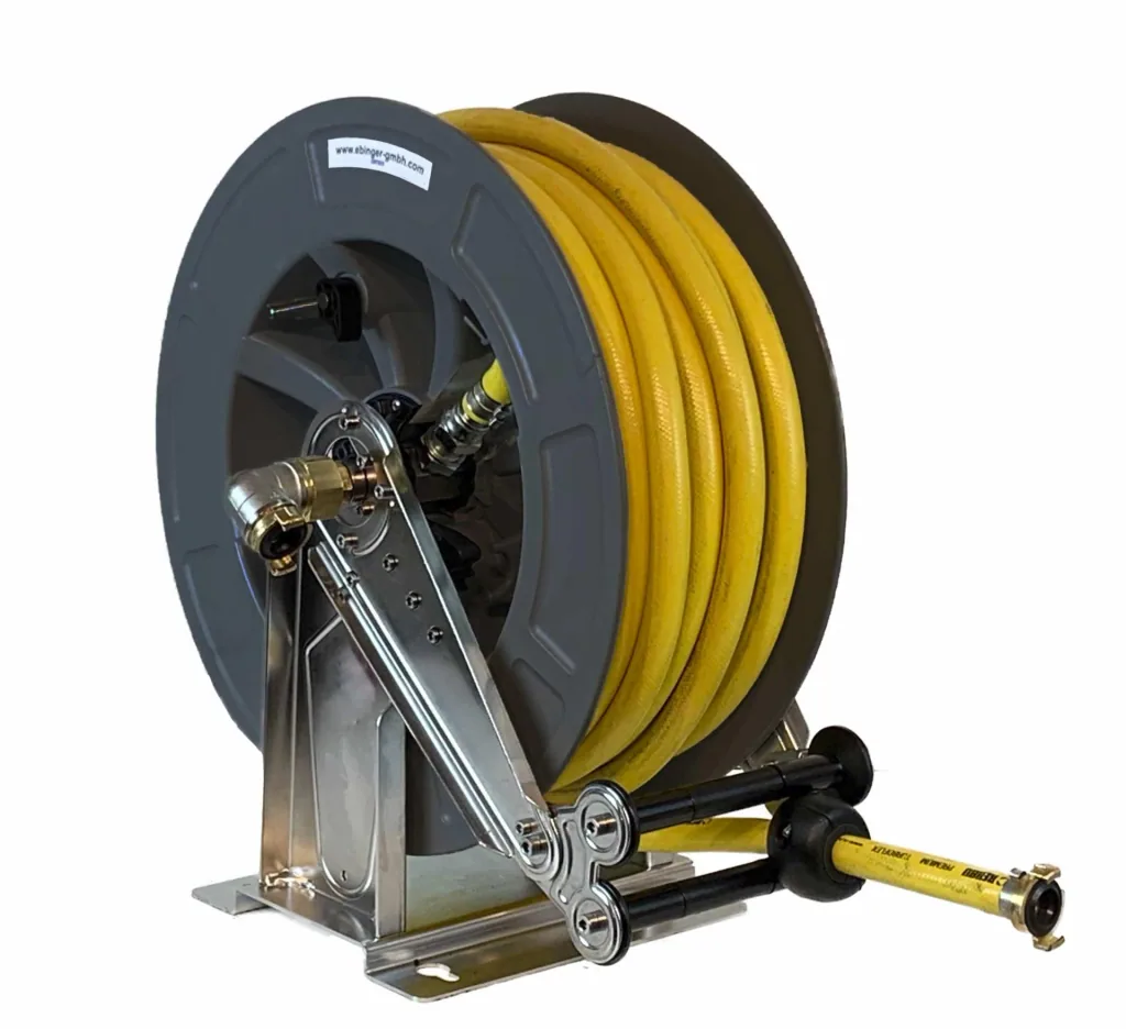 Hose reel stainless steel/ABS plastic housing OSK 610 with 15 m, 1" PVC fabric hose, max. 9 bar/50°C