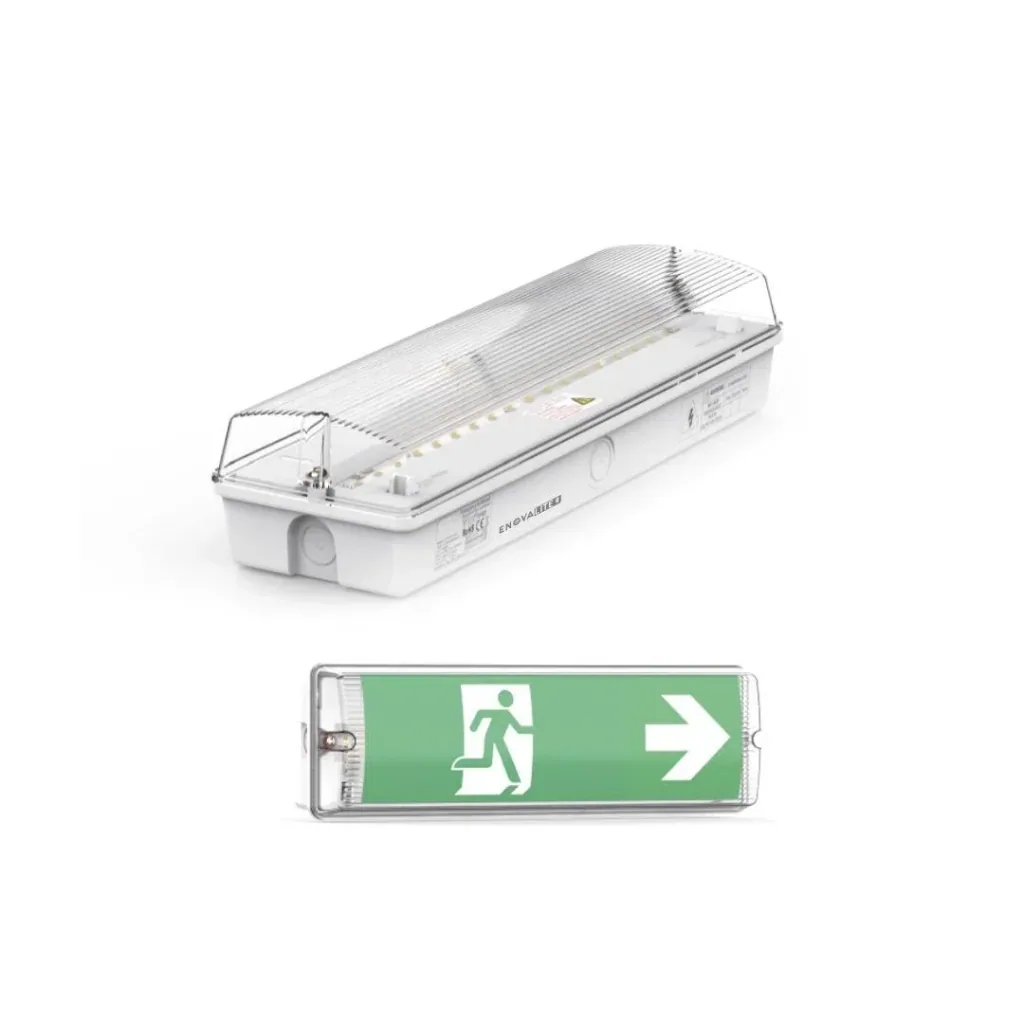 LED escape route light, emergency exit with emergency power unit offers a TEST function, wall mounting & IP65 protection