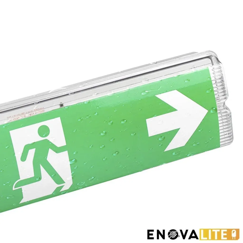 LED escape route light, emergency exit with emergency power unit offers a TEST function, wall mounting & IP65 protection