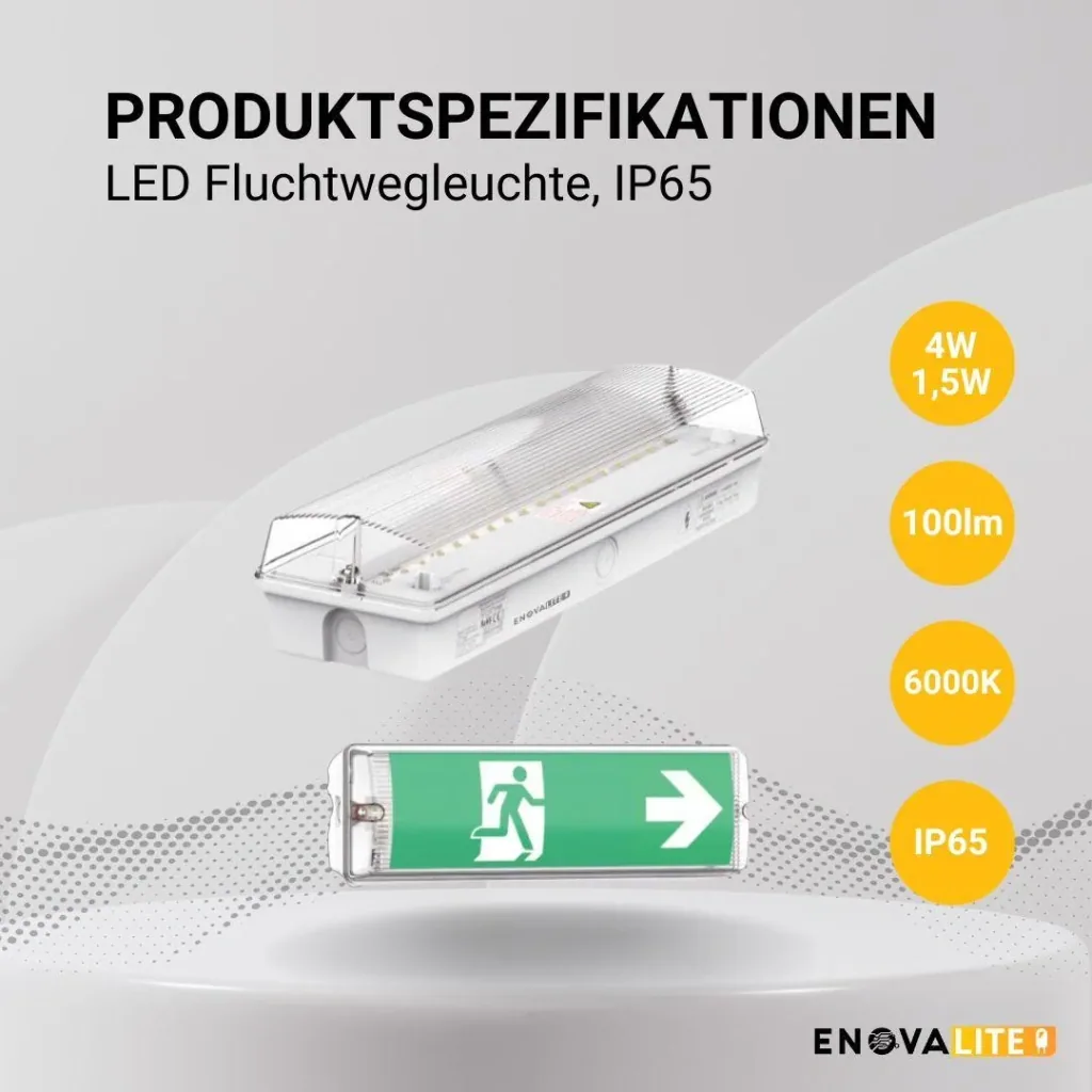 LED escape route light, emergency exit with emergency power unit offers a TEST function, wall mounting & IP65 protection