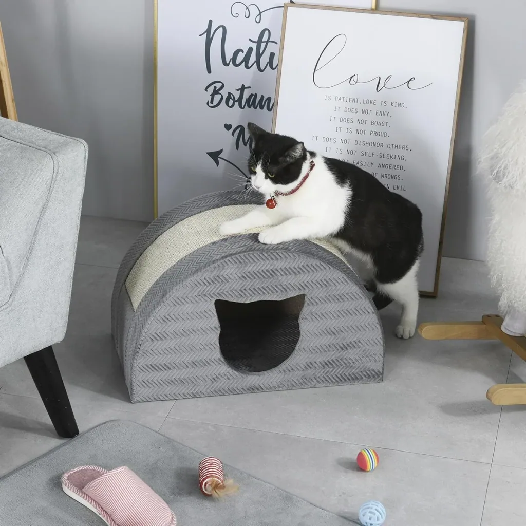 Cat cave with scratching board, cat bed, scratching house, cat house, cat apartment, sisal grey, 48.5 x 30 x 30 cm