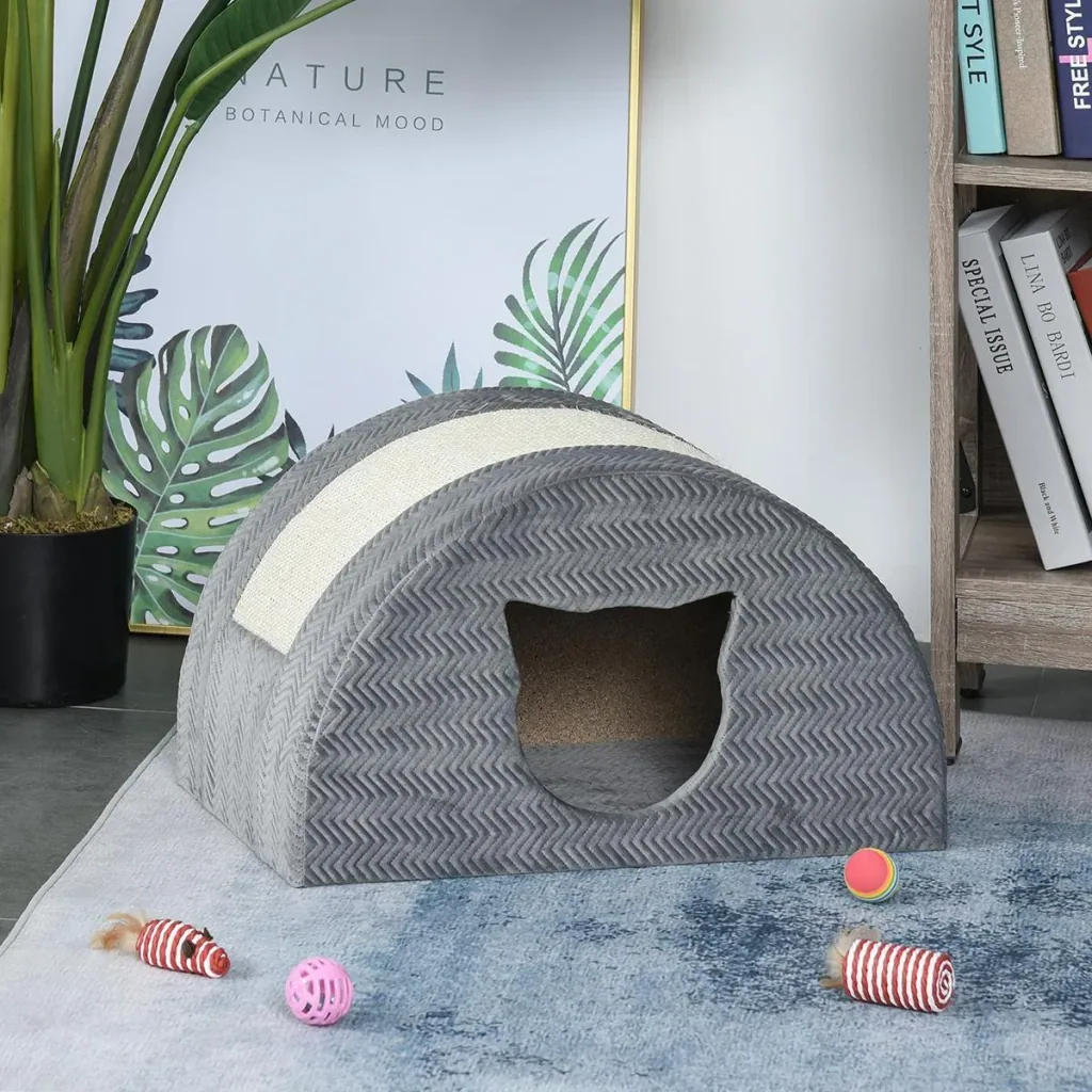 Cat cave with scratching board, cat bed, scratching house, cat house, cat apartment, sisal grey, 48.5 x 30 x 30 cm
