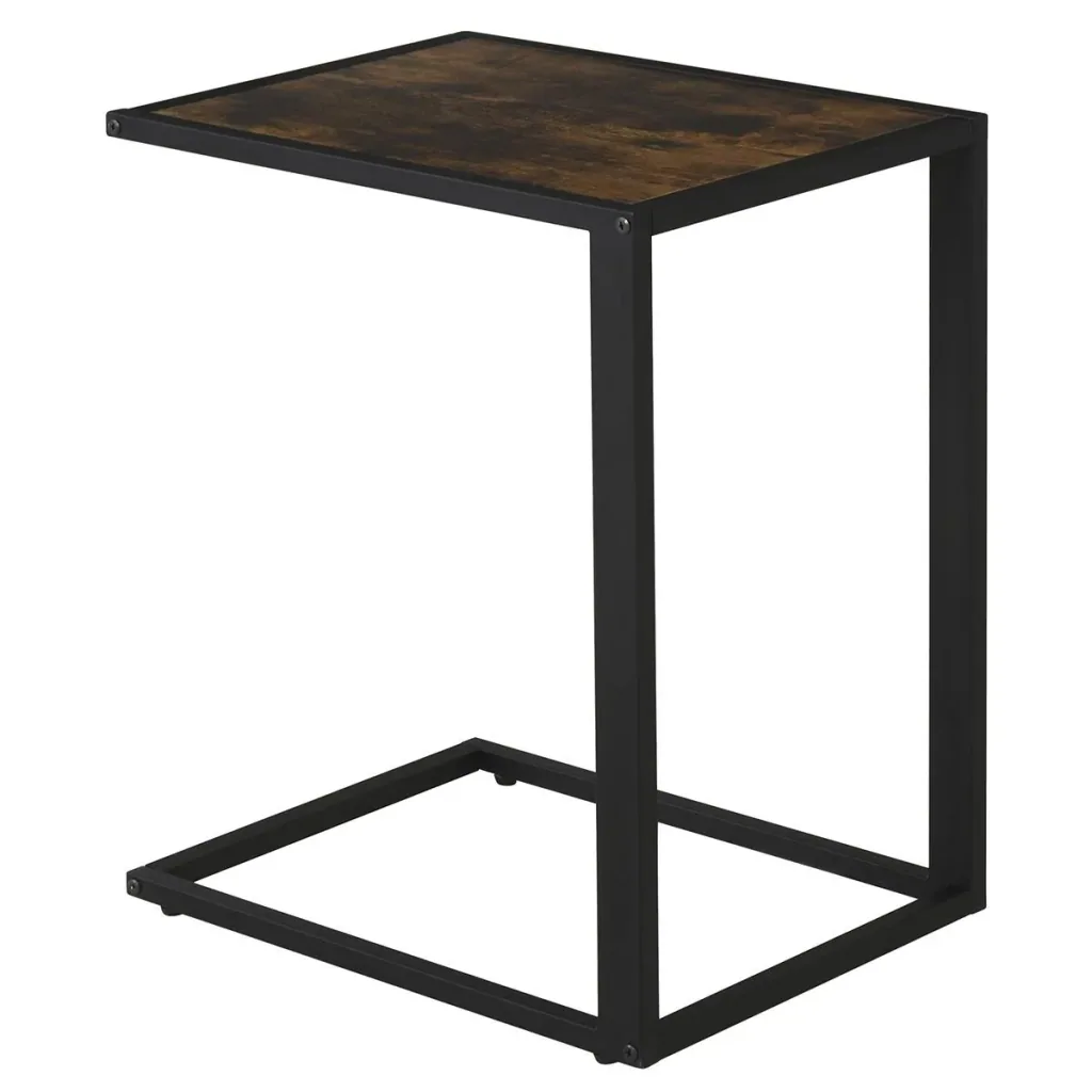 C-shaped side table, coffee table, standing table, metal MDF, rustic brown, 40.6 x 50.8 x 64.2 cm