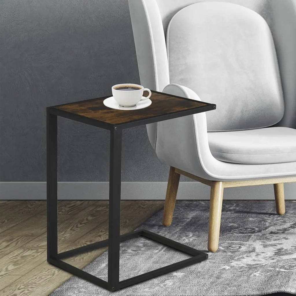 C-shaped side table, coffee table, standing table, metal MDF, rustic brown, 40.6 x 50.8 x 64.2 cm