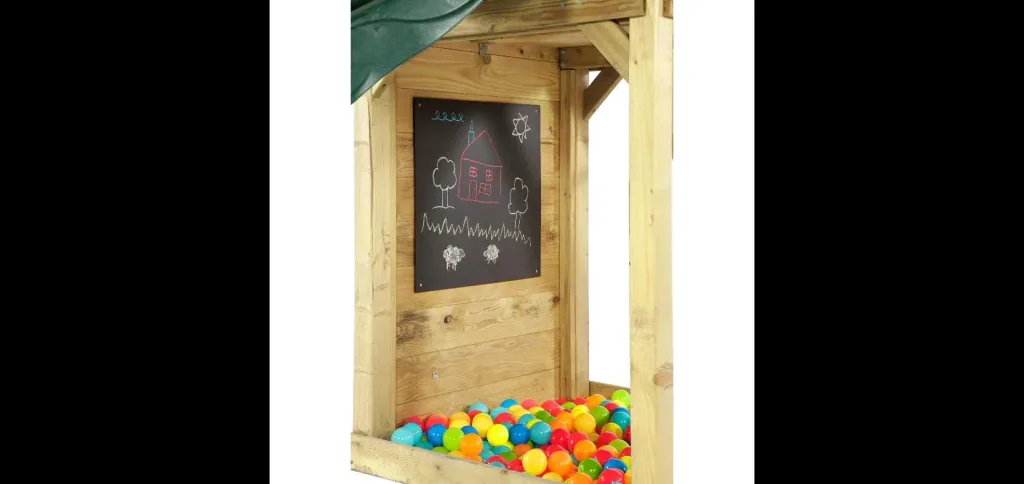Wooden observation tower with double swing, outdoor play tower, climbing wall, slide, sandpit, chalkboard, natural