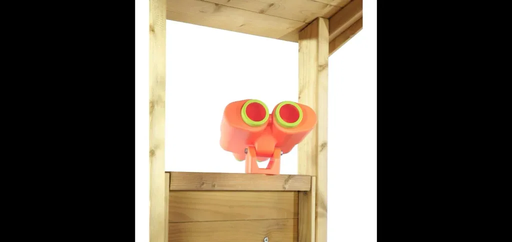 Wooden observation tower with double swing, outdoor play tower, climbing wall, slide, sandpit, chalkboard, natural