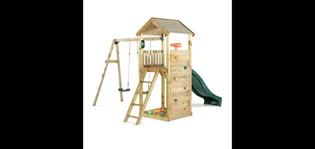 Wooden observation tower with double swing, outdoor play tower, climbing wall, slide, sandpit, chalkboard, natural