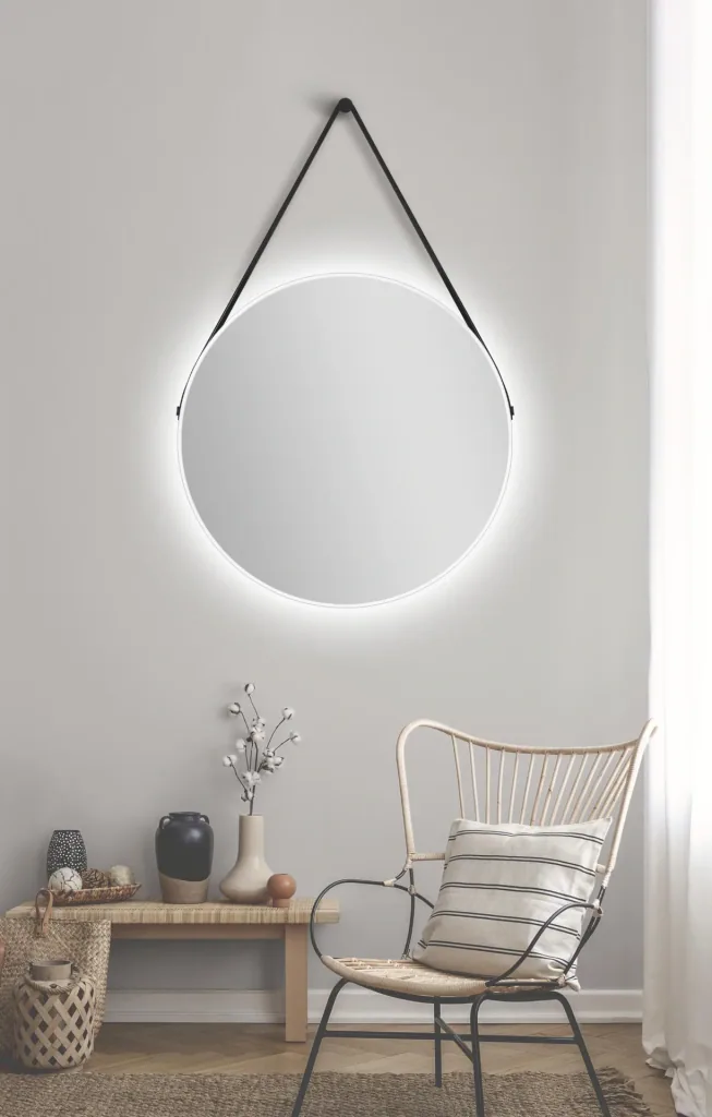 Decorative round wall mirror with indirect LED lighting in matt white Ø 80 cm