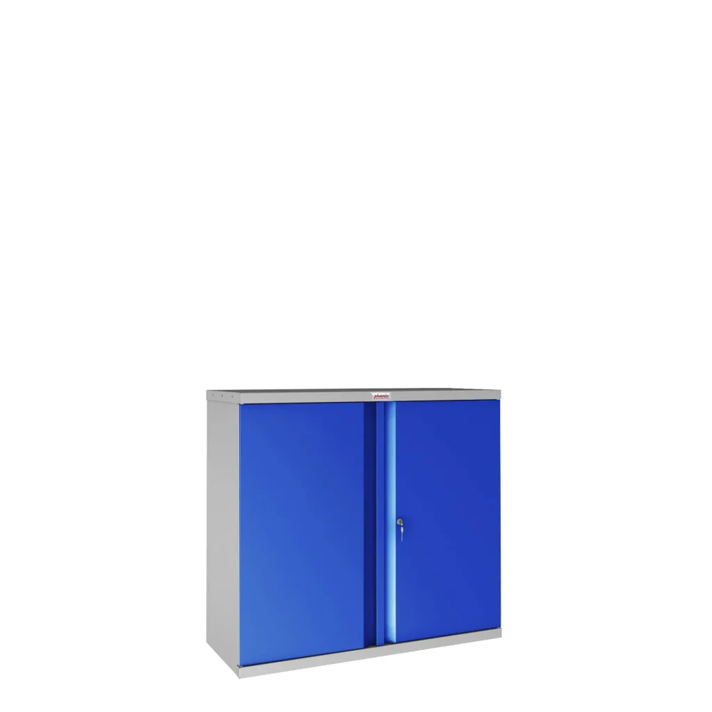 SCL series steel storage cabinet with 2 doors and 1 shelf with key lock, grey-blue
