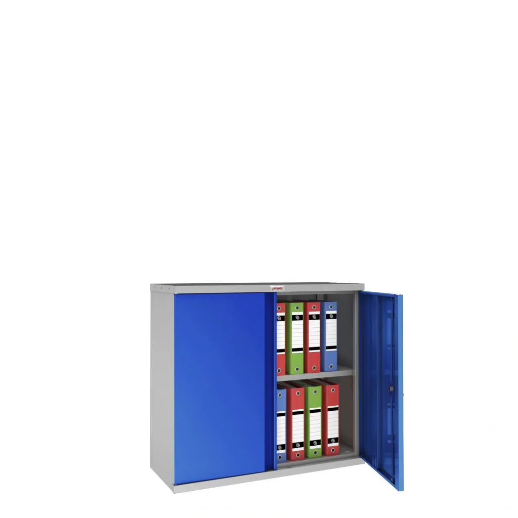 SCL series steel storage cabinet with 2 doors and 1 shelf with key lock, grey-blue