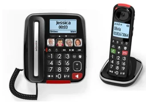 Senior cordless phone + corded phone with large buttons and hearing aid compatible
