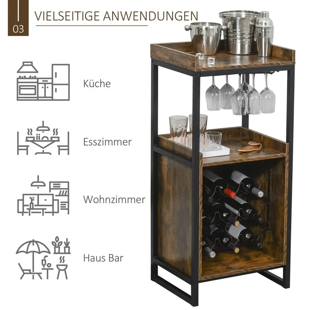Wine rack 9 bottles wine cabinet bottle rack with 2 open shelves and glass holder black+brown 52 x 40 x 113 cm