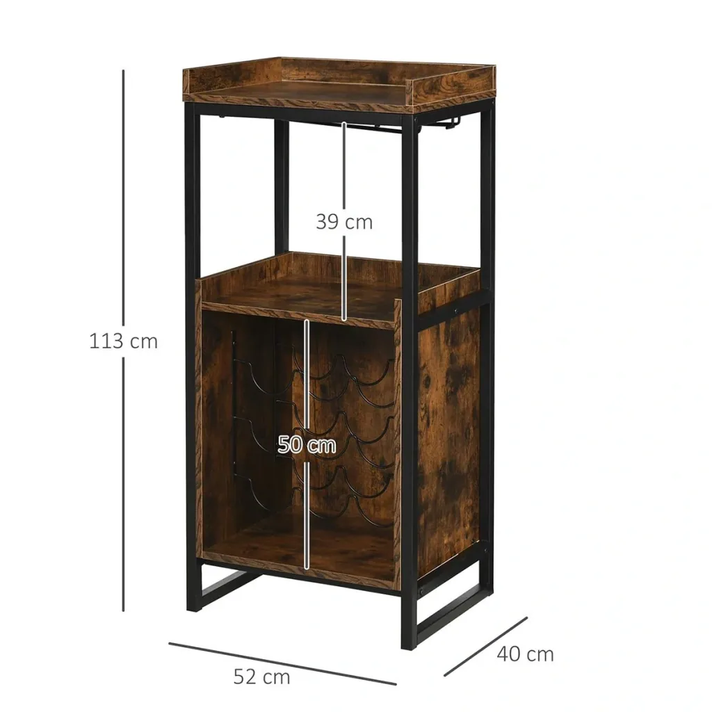 Wine rack 9 bottles wine cabinet bottle rack with 2 open shelves and glass holder black+brown 52 x 40 x 113 cm