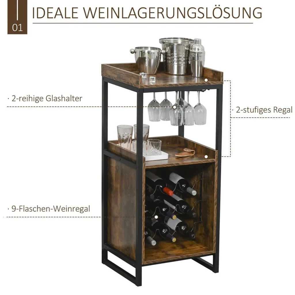 Wine rack 9 bottles wine cabinet bottle rack with 2 open shelves and glass holder black+brown 52 x 40 x 113 cm