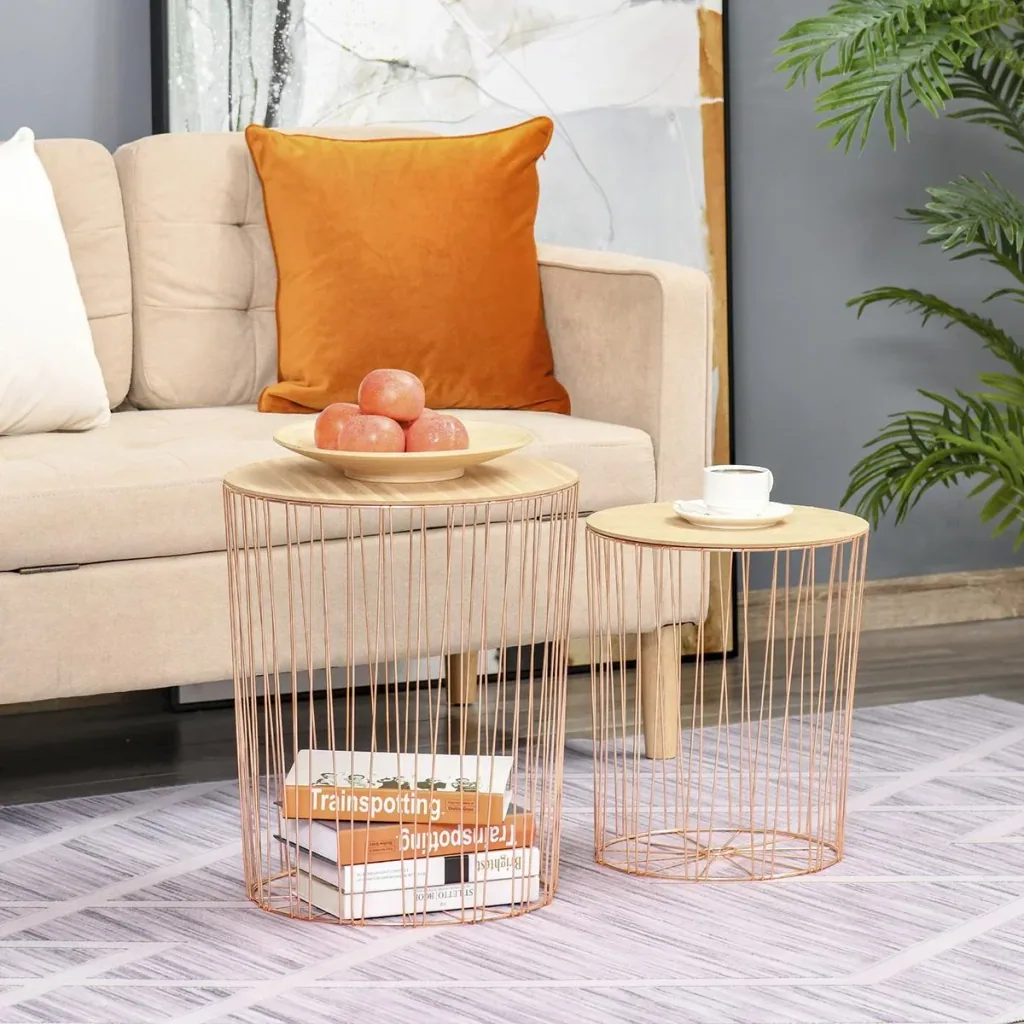 Side table with storage space, set of 2 metal baskets with wooden lids, bedside table, natural + pink gold, Ø40.7 x 49.5 cm, Ø33.8 x 40.8 cm