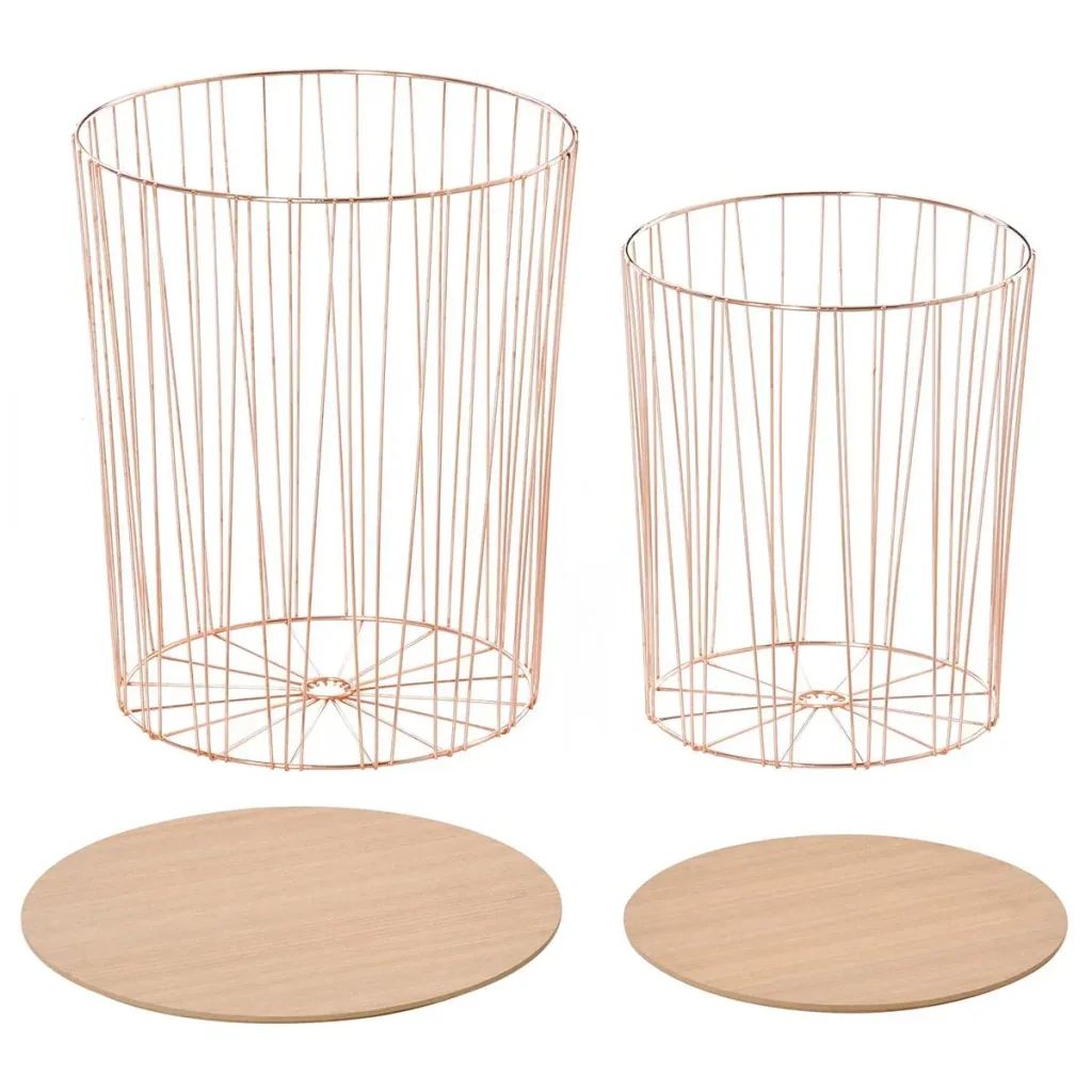 Side table with storage space, set of 2 metal baskets with wooden lids, bedside table, natural + pink gold, Ø40.7 x 49.5 cm, Ø33.8 x 40.8 cm