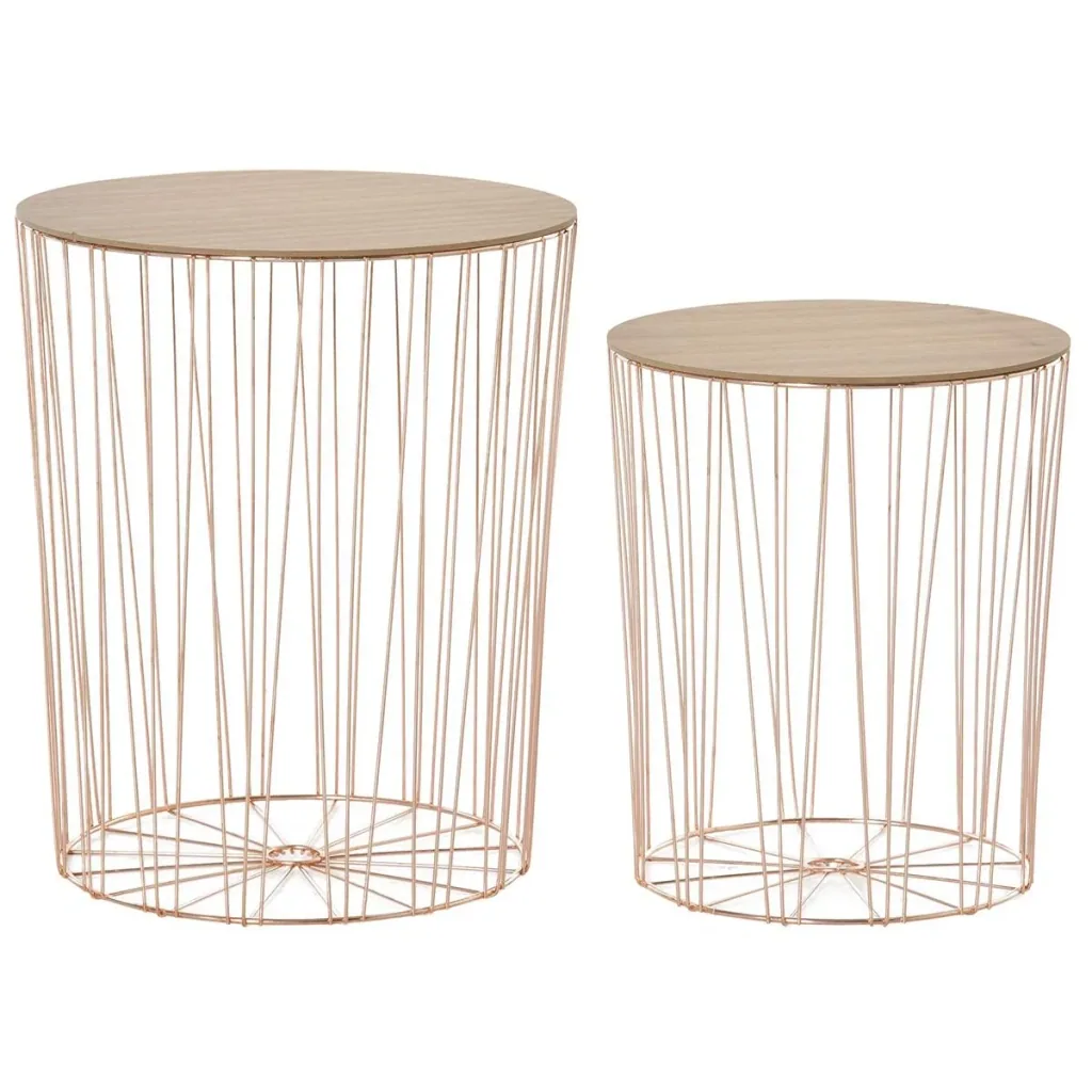 Side table with storage space, set of 2 metal baskets with wooden lids, bedside table, natural + pink gold, Ø40.7 x 49.5 cm, Ø33.8 x 40.8 cm