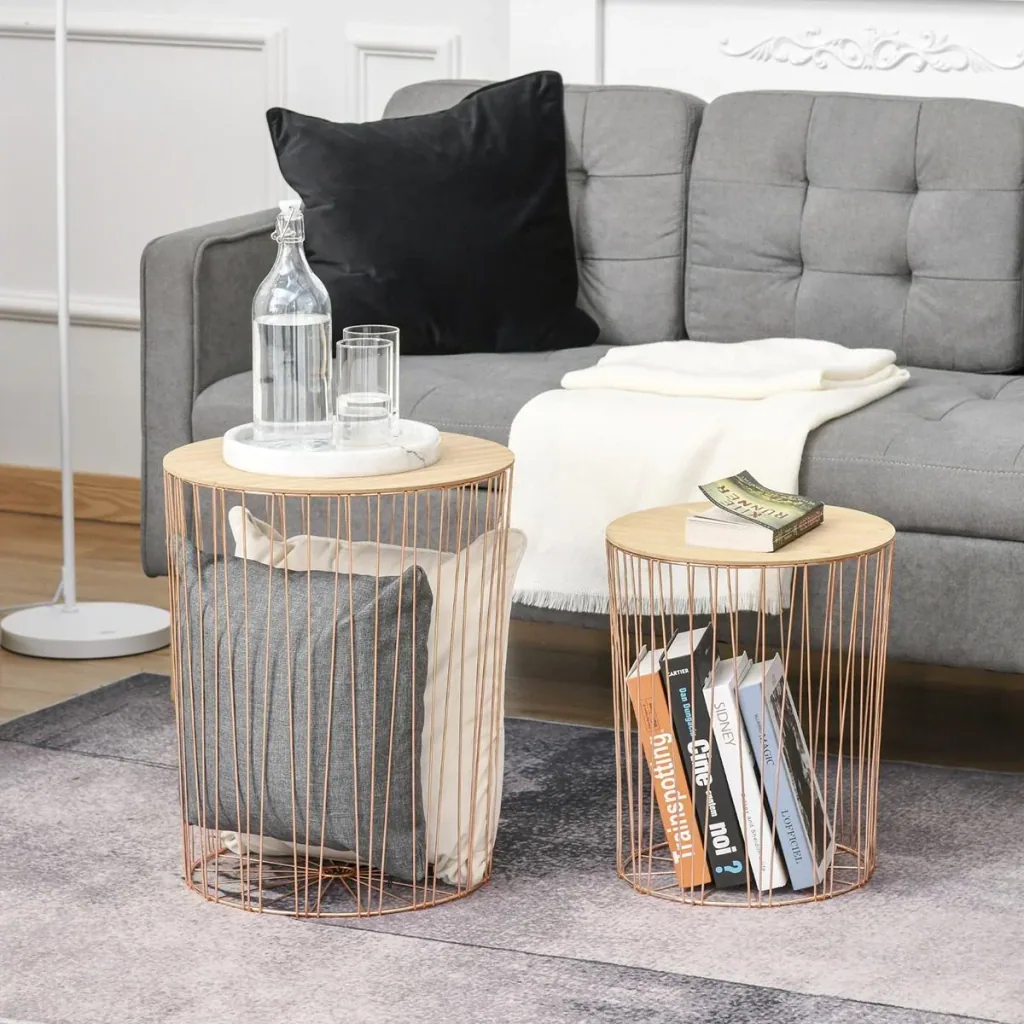 Side table with storage space, set of 2 metal baskets with wooden lids, bedside table, natural + pink gold, Ø40.7 x 49.5 cm, Ø33.8 x 40.8 cm