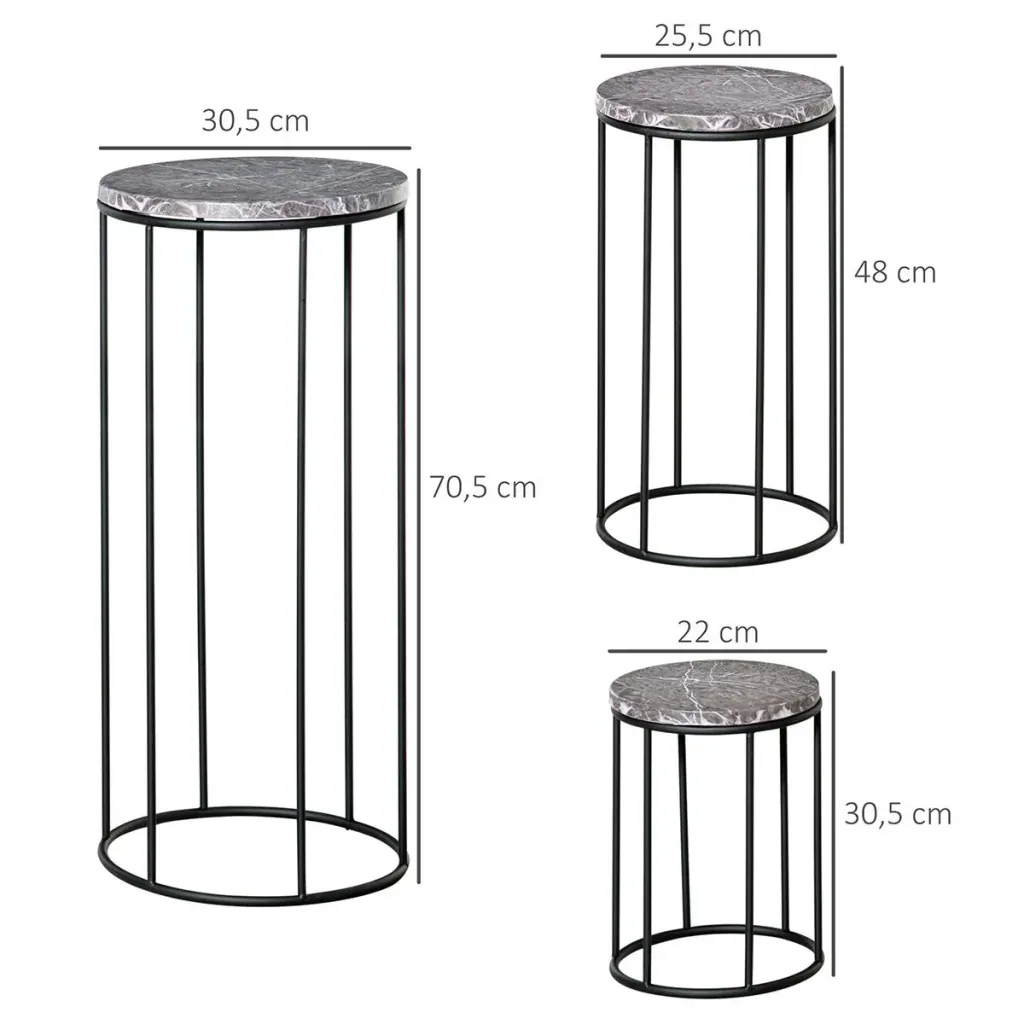 Flower stand set of 3 made of metal in marble look. Stackable plant stool for flower pot. Black + gray.