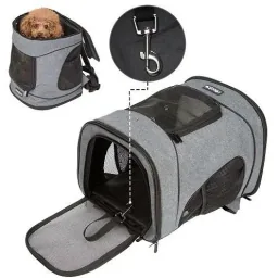 Pet backpack with flap, pockets, belt and waistband