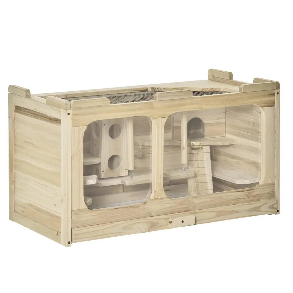 Hamster cage wooden rodent cage mouse cage with ramp swing rodent villa top hinged solid wood PS natural 78 x 40 x 44