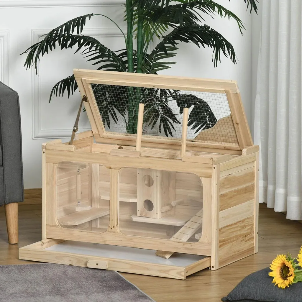 Hamster cage wooden rodent cage mouse cage with ramp swing rodent villa top hinged solid wood PS natural 78 x 40 x 44