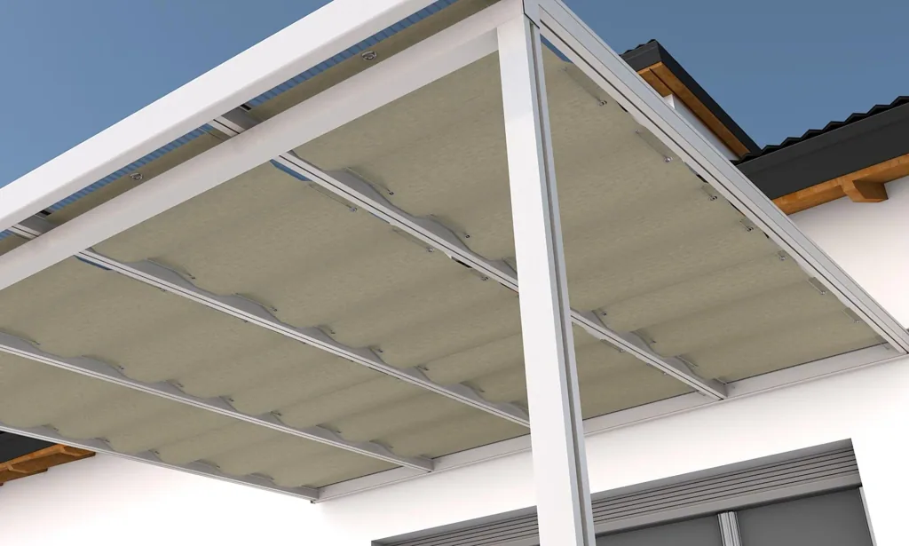 Shading system with cable guide, 945 x 4900 mm - fabric Sandstone, beige, suitable for roof depth 5 m