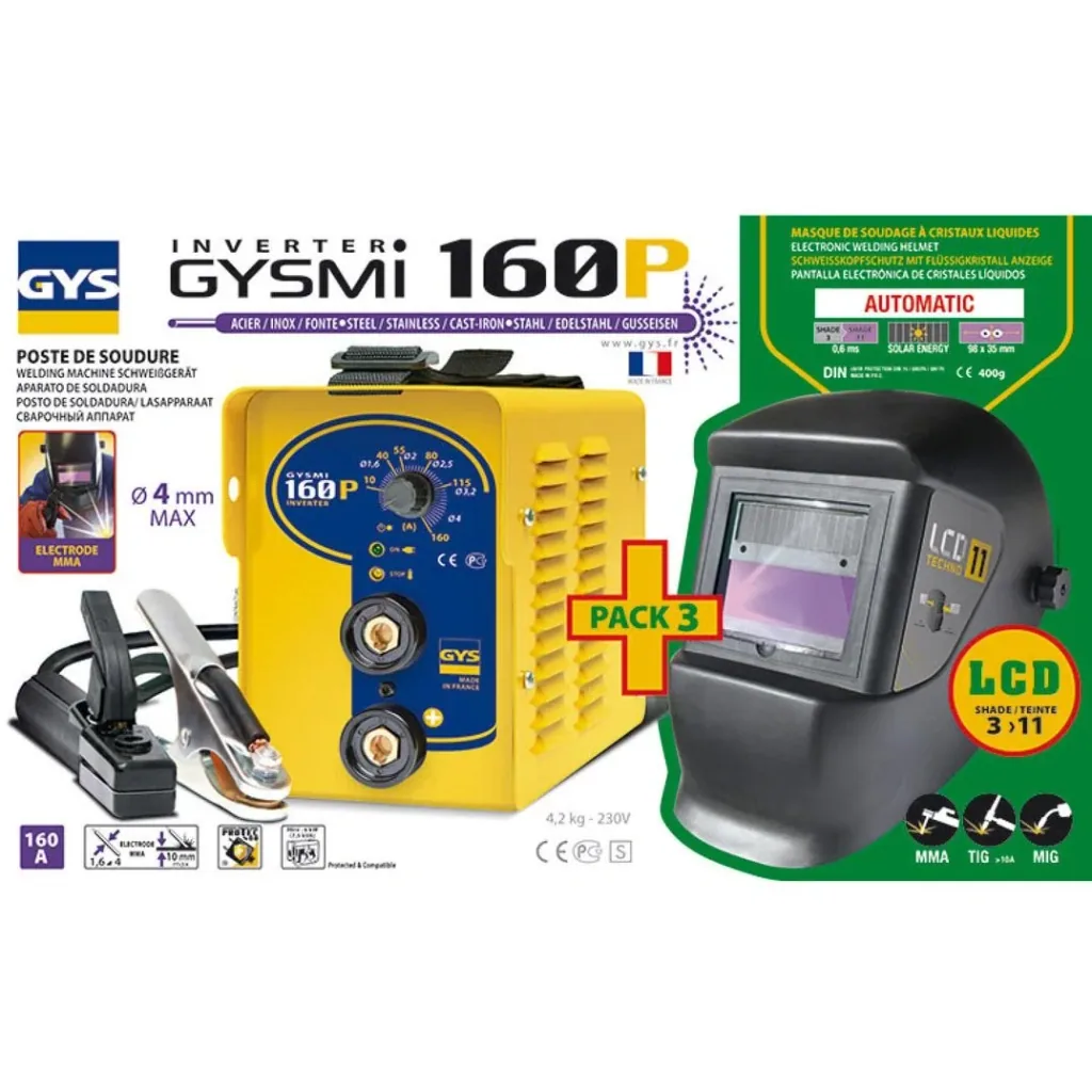 Welding inverter/welding machine with welding helmet and electrodes - GYSMI 160P - 10-160A