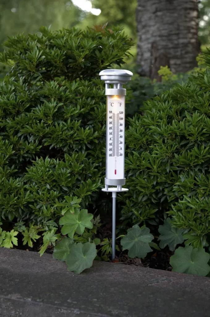 Solar thermometer with warm white LED light