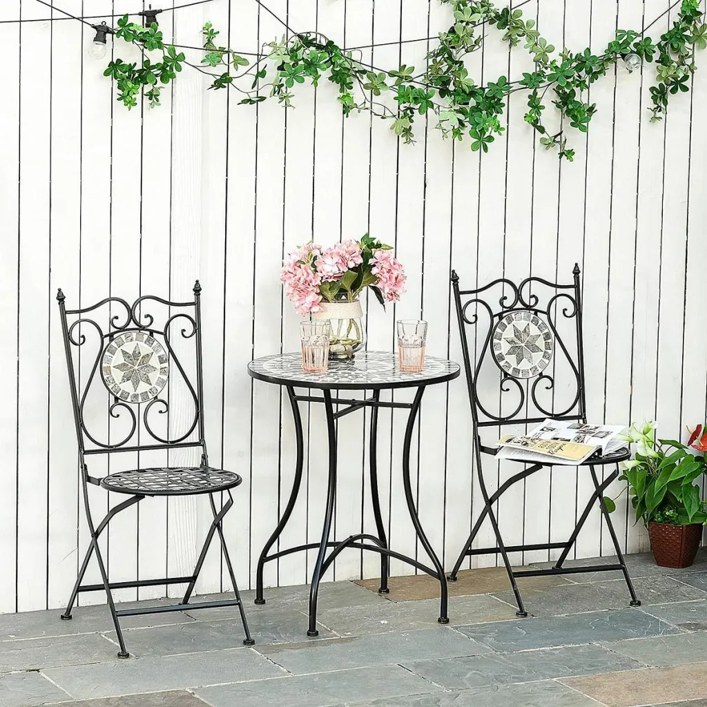 Garden seating group 3-piece mosaic table dining group garden furniture set 1 table + 2 foldable chairs garden metal ceramic tile