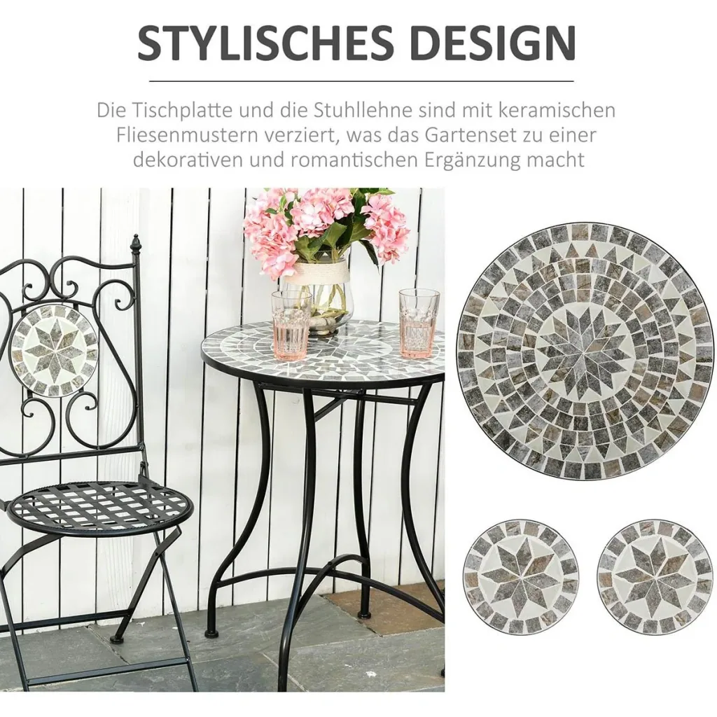 Garden seating group 3-piece mosaic table dining group garden furniture set 1 table + 2 foldable chairs garden metal ceramic tile