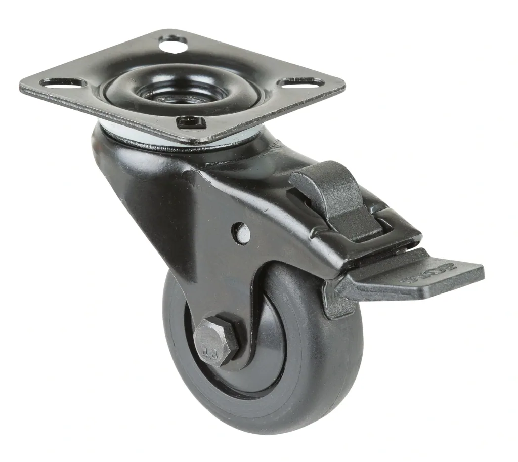 Swivel castor with brake and plate