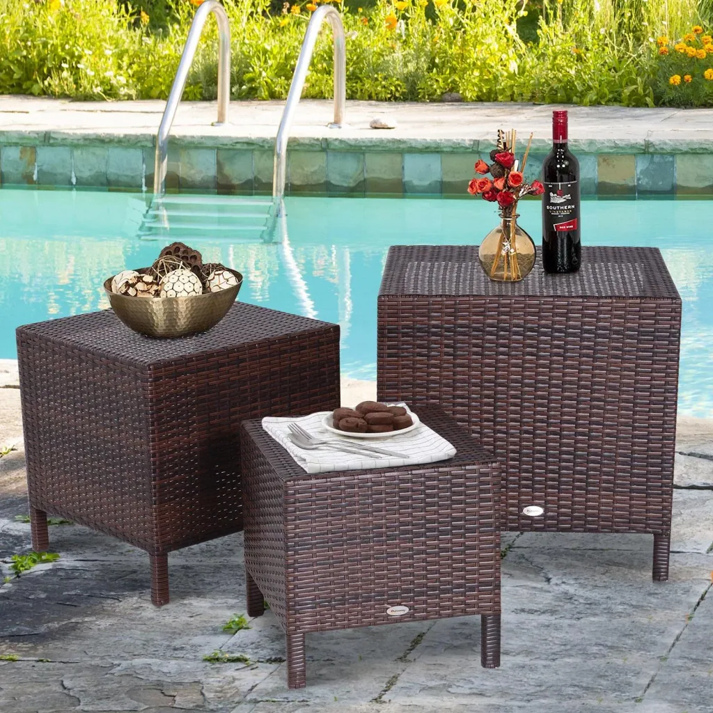 Side table set of 3 coffee tables garden tables set of tables balcony tables polyrattan brown