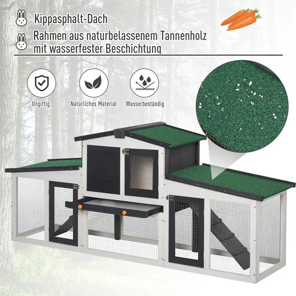 Rabbit hutch, double-story rabbit hutch, rabbit cage with asphalt roof and outdoor enclosure, solid wood, dark gray+white,
