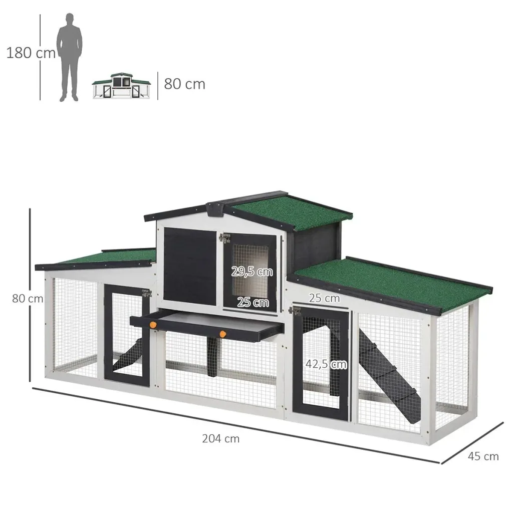 Rabbit hutch, double-story rabbit hutch, rabbit cage with asphalt roof and outdoor enclosure, solid wood, dark gray+white,
