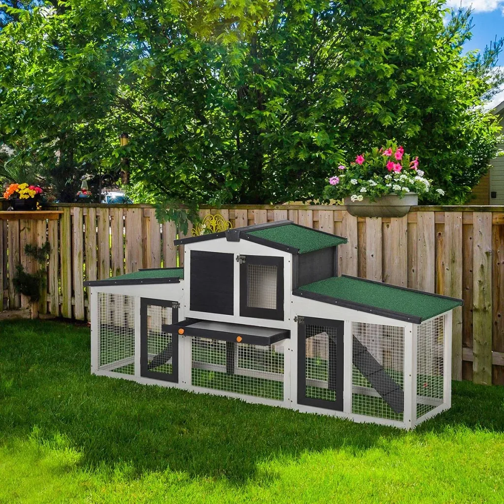 Rabbit hutch, double-story rabbit hutch, rabbit cage with asphalt roof and outdoor enclosure, solid wood, dark gray+white,
