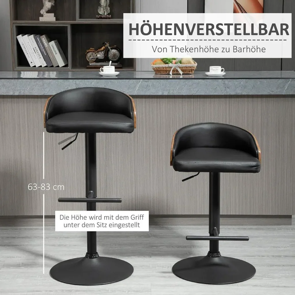 Set of 2 bar stools, swivel bar chairs with footrest, bar chair height adjustable, kitchen chairs, swivel chairs, faux leather, wood