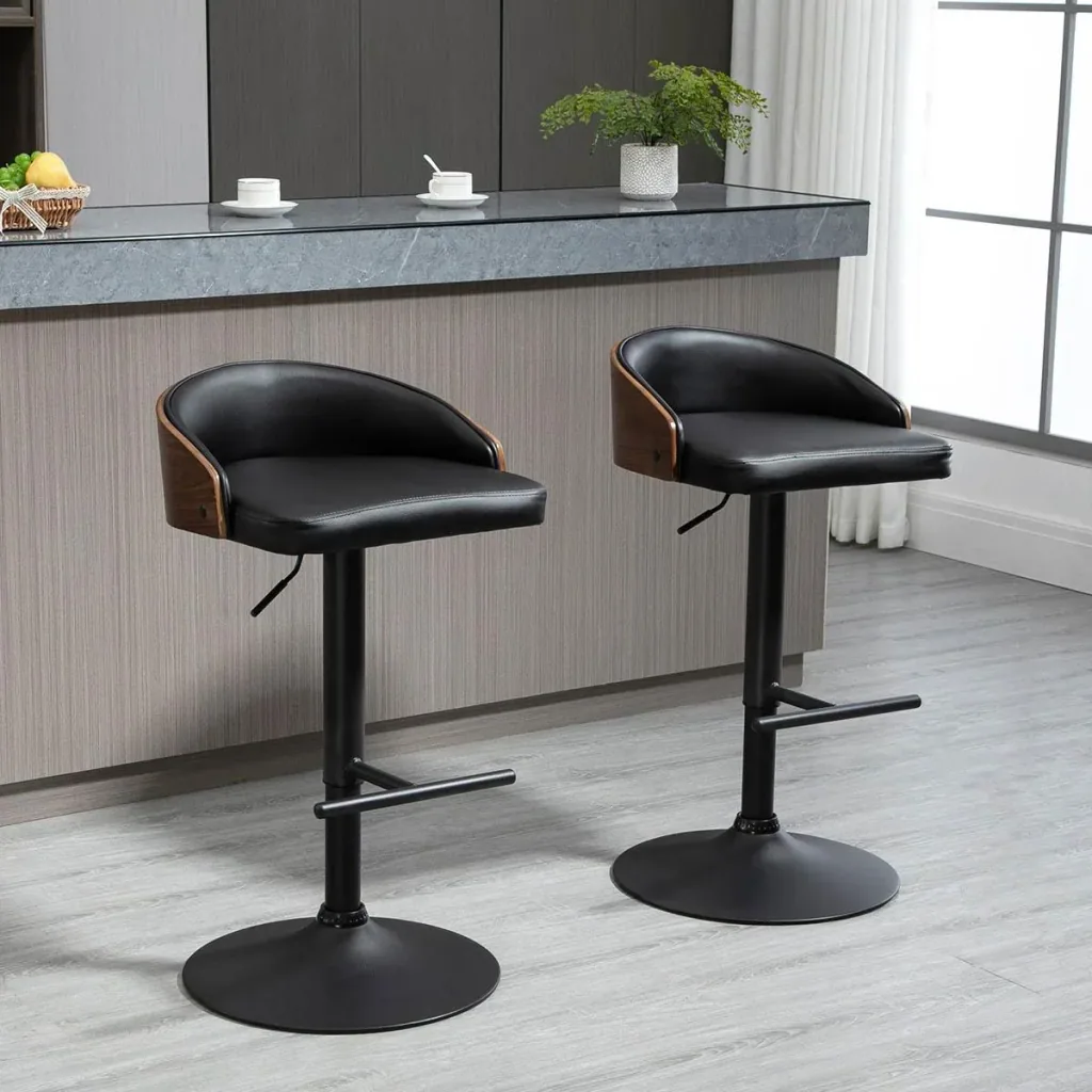 Set of 2 bar stools, swivel bar chairs with footrest, bar chair height adjustable, kitchen chairs, swivel chairs, faux leather, wood